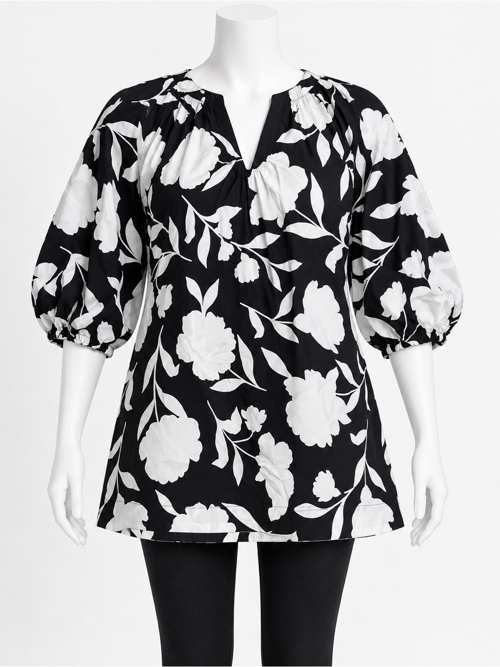 Black & White Floral Puff-Sleeve Tunic Top